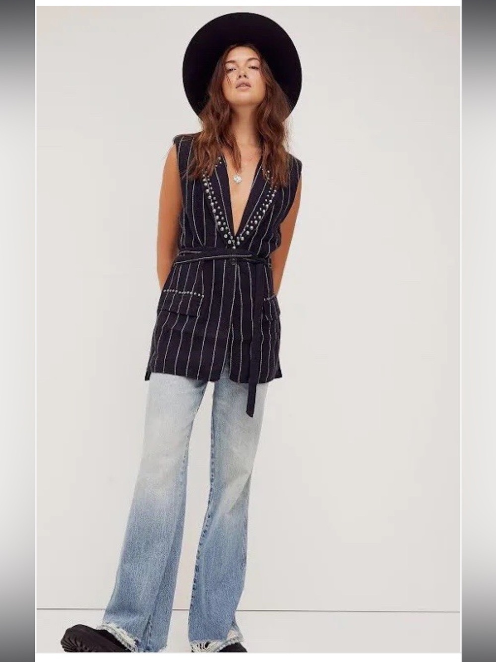 Free People NWT M Sawyer Studded Pinstripe Sleeveless Belted Vest Black & White